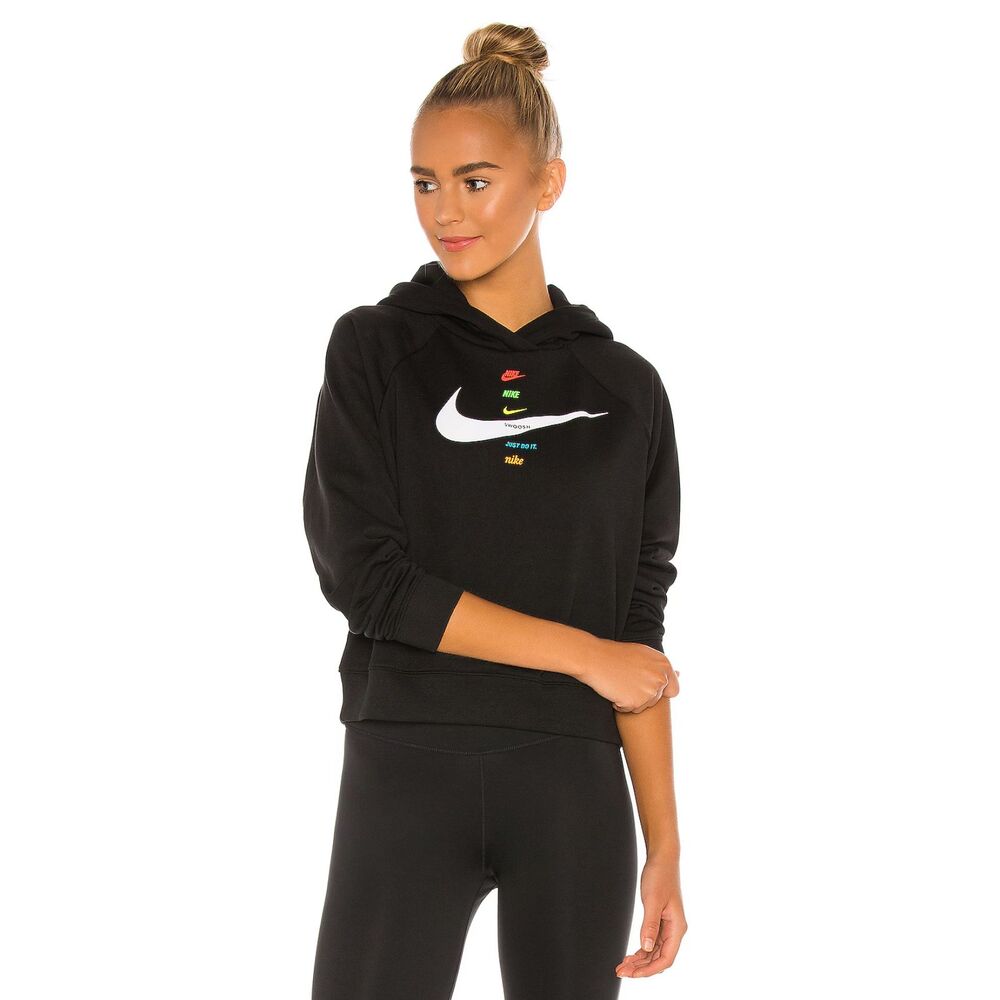 Nike NSW Swoosh Fleece Hoodie Black White Logo Size XS